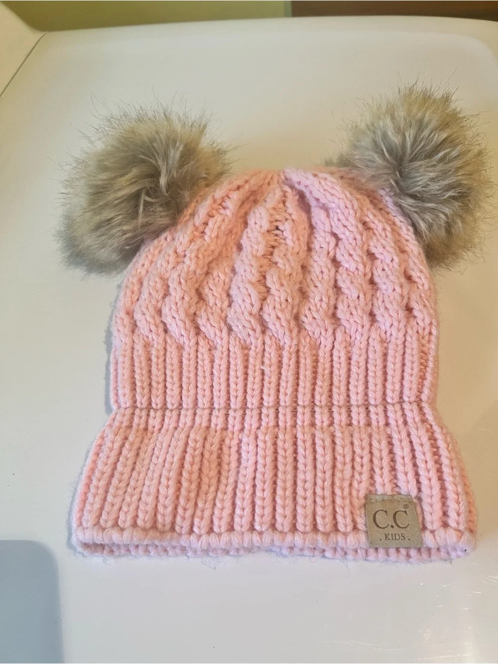 C.C Kids Light Pink Cable Knit Hat with Faux Fur Double Poms